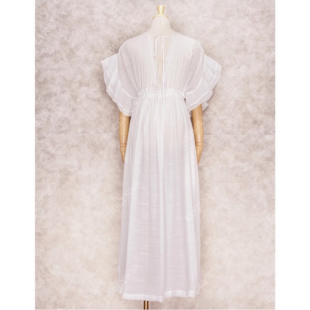 White Boho Deep V Open Back Maxi Cover Up Dress w/ Pockets - Picture 12 of 13